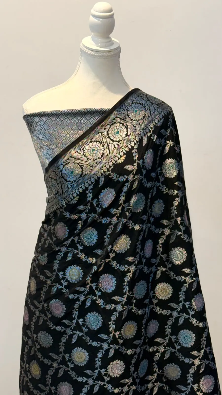 Black banarasi katan silk meenakari jaal saree