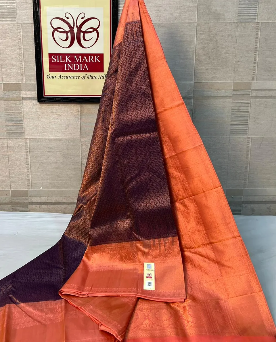 Chocolate & Peach kanchipuram pure silk saree