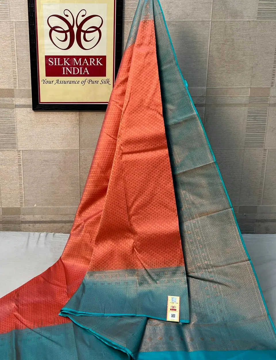 Coral & Teal kanchipuram pure silk saree