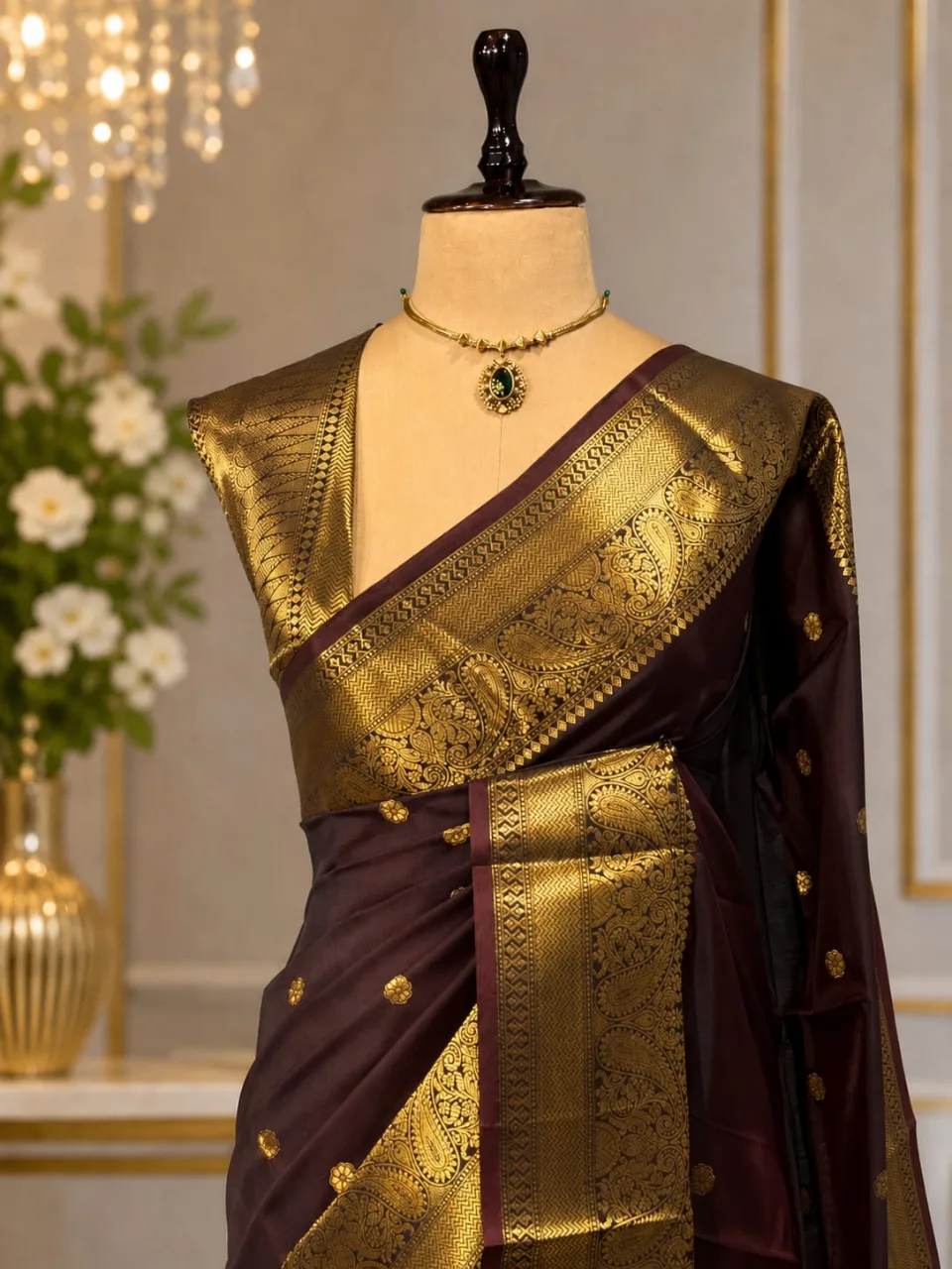 Dark Brown Party Wear Banarasi Saree