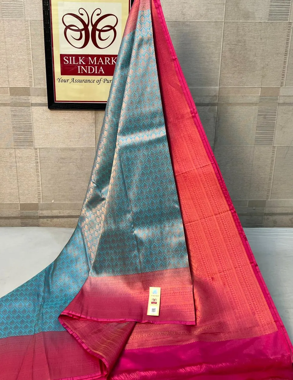 Grey Blue & Pink kanchipuram pure silk saree