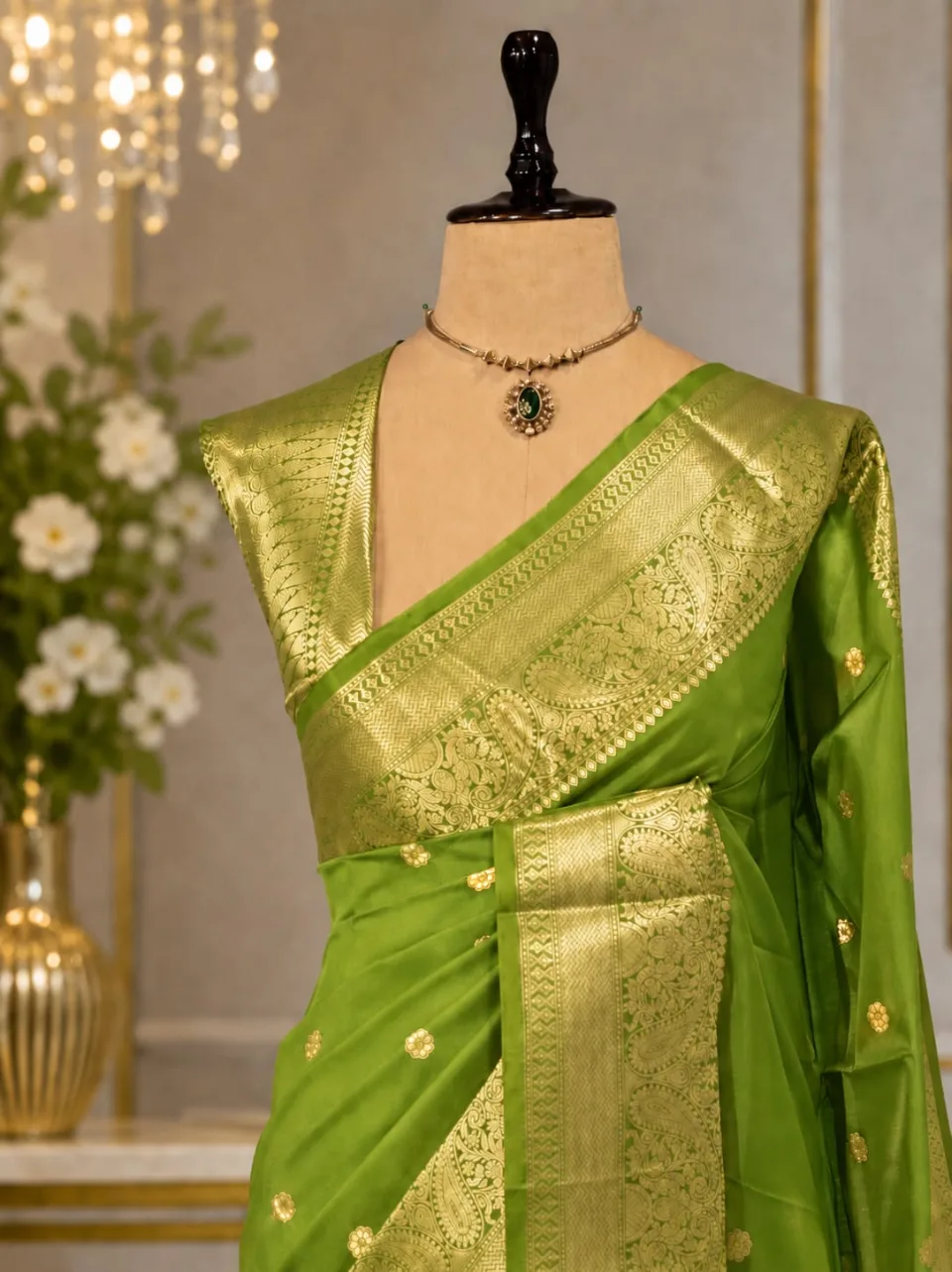 Lime Green Party Wear Banarasi Saree