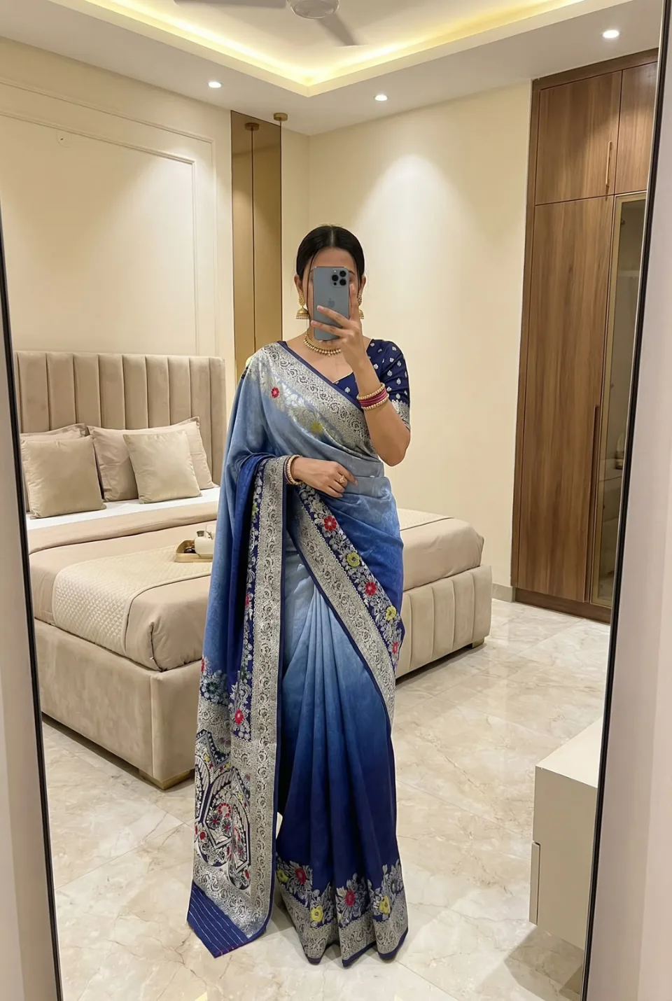 Navy Blue Viscose Dola Silk Saree