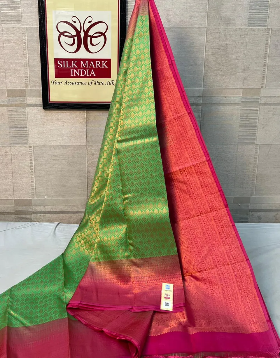Parrot Green & Pink kanchipuram pure silk saree
