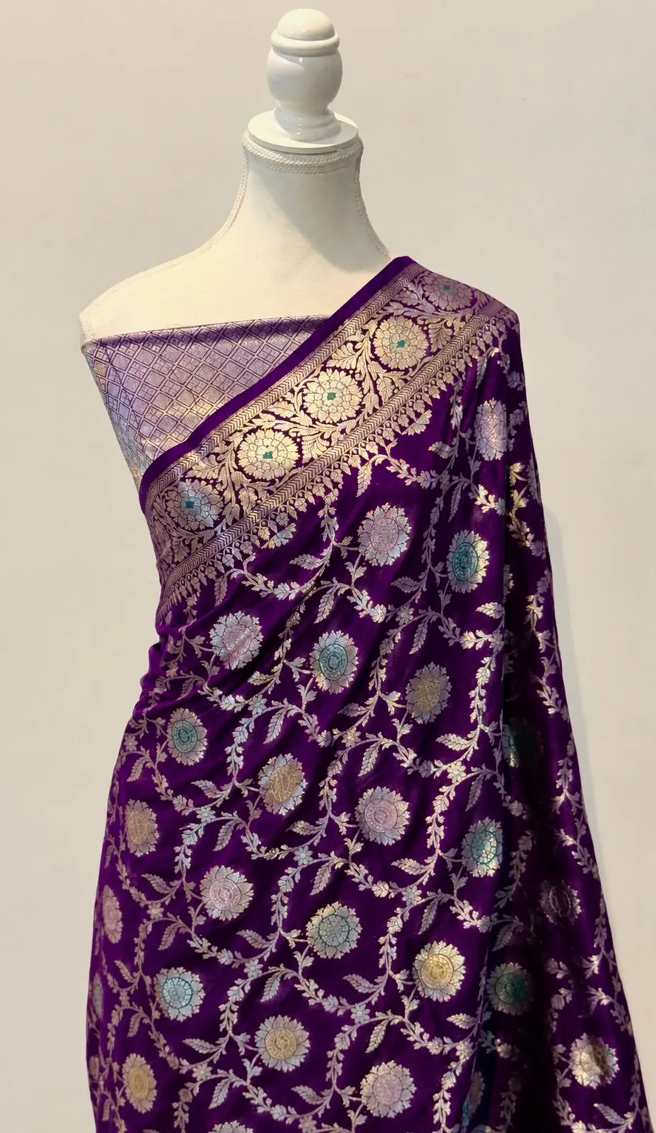 Purple banarasi katan silk meenakari jaal saree
