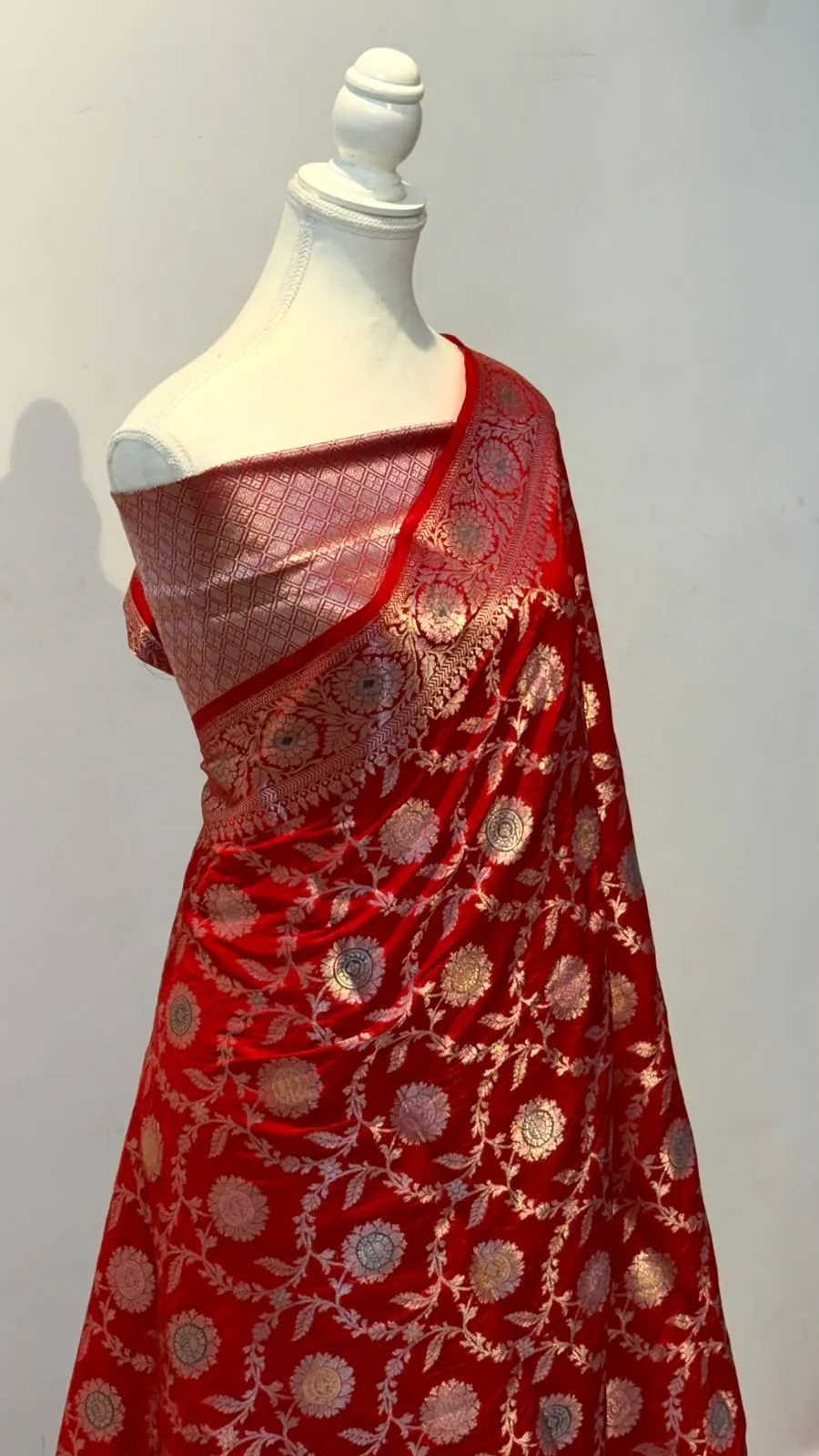 Red banarasi katan silk meenakari jaal saree
