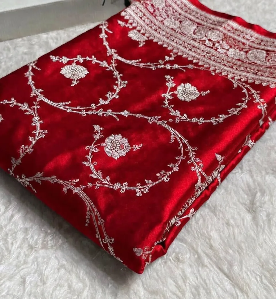 Red banarasi mashru silk jaal saree
