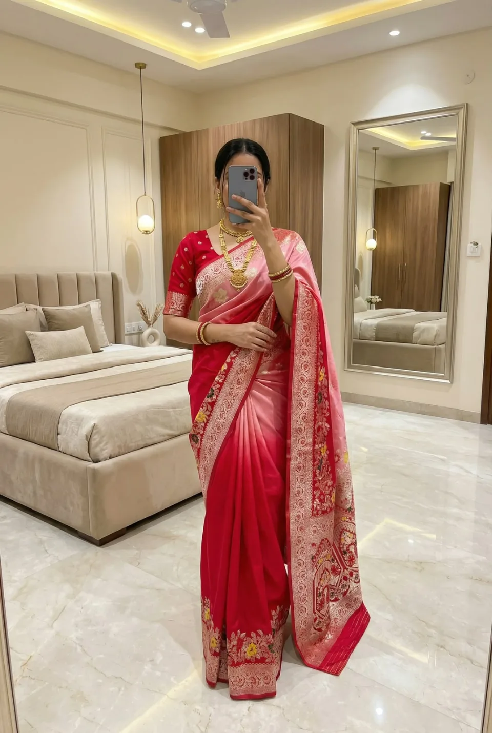 Red Viscose Dola Silk Saree