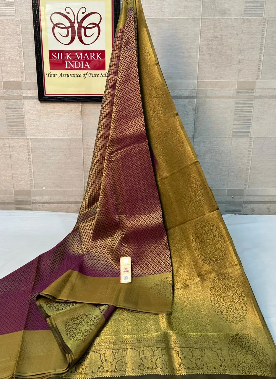Wine & Antique Gold kanchipuram pure silk saree